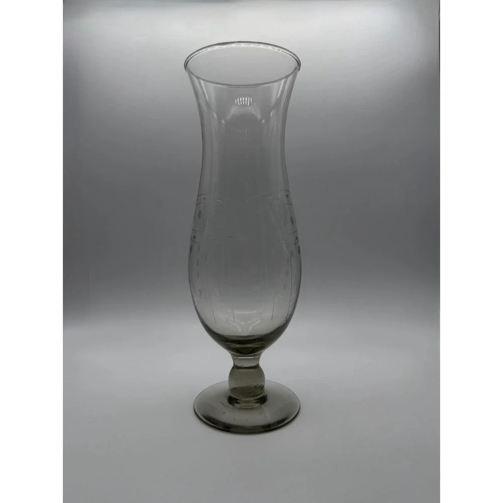 9 Inch Vintage Art Glass Hand Etched Smoky Gray Footed Pedestal Bud Vase